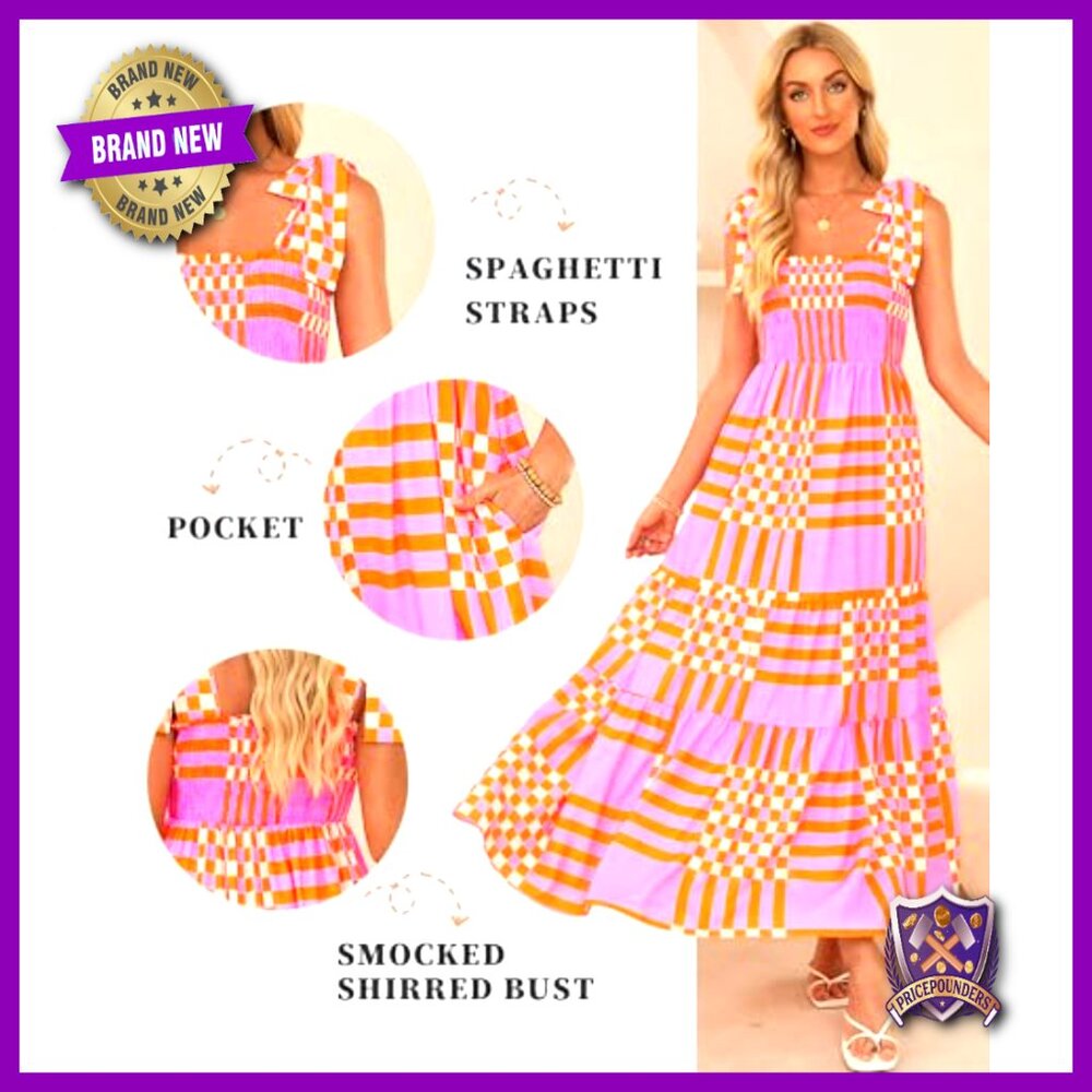Boho Maxi Dress Spaghetti Straps Square Neck Smocked Waist A-Line Beach Casual - Picture 4 of 5